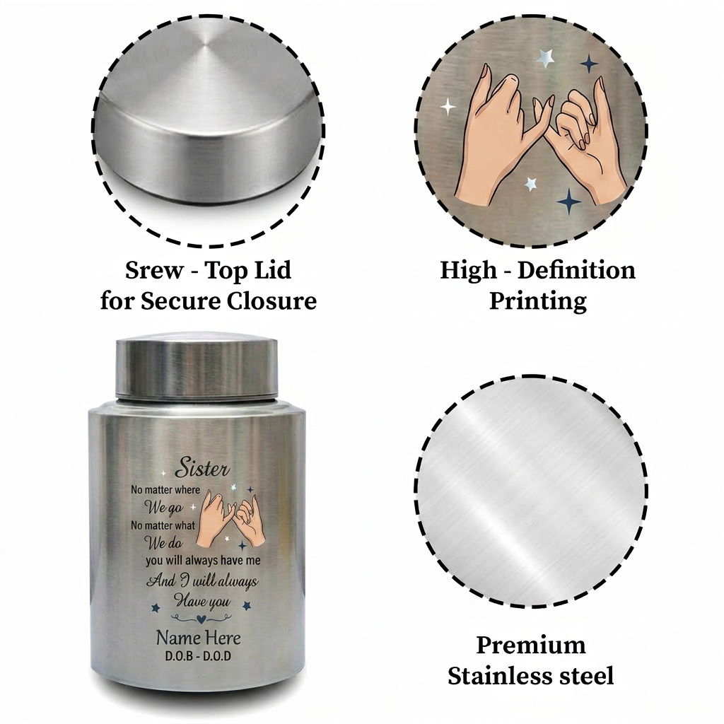 Personalized Sister Pinky Promise Interlocking Hands Stainless Steel Memorial Cremation Urn for Bestie Sister-In-Law Loss, 2 Sizes, Memorial Keepsake Urn, Memorial Gift, In Loving Memory - Image 3