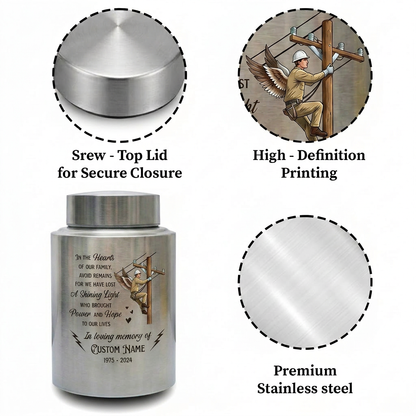 Personalized Lineman Electrician Stainless Steel Funeral Tribute For Dad Husband Colleague Human Ashes Decorative Container Silver Black Gold Memorial Keepsake Urn, Memorial Gift, In Loving Memory - Image 3