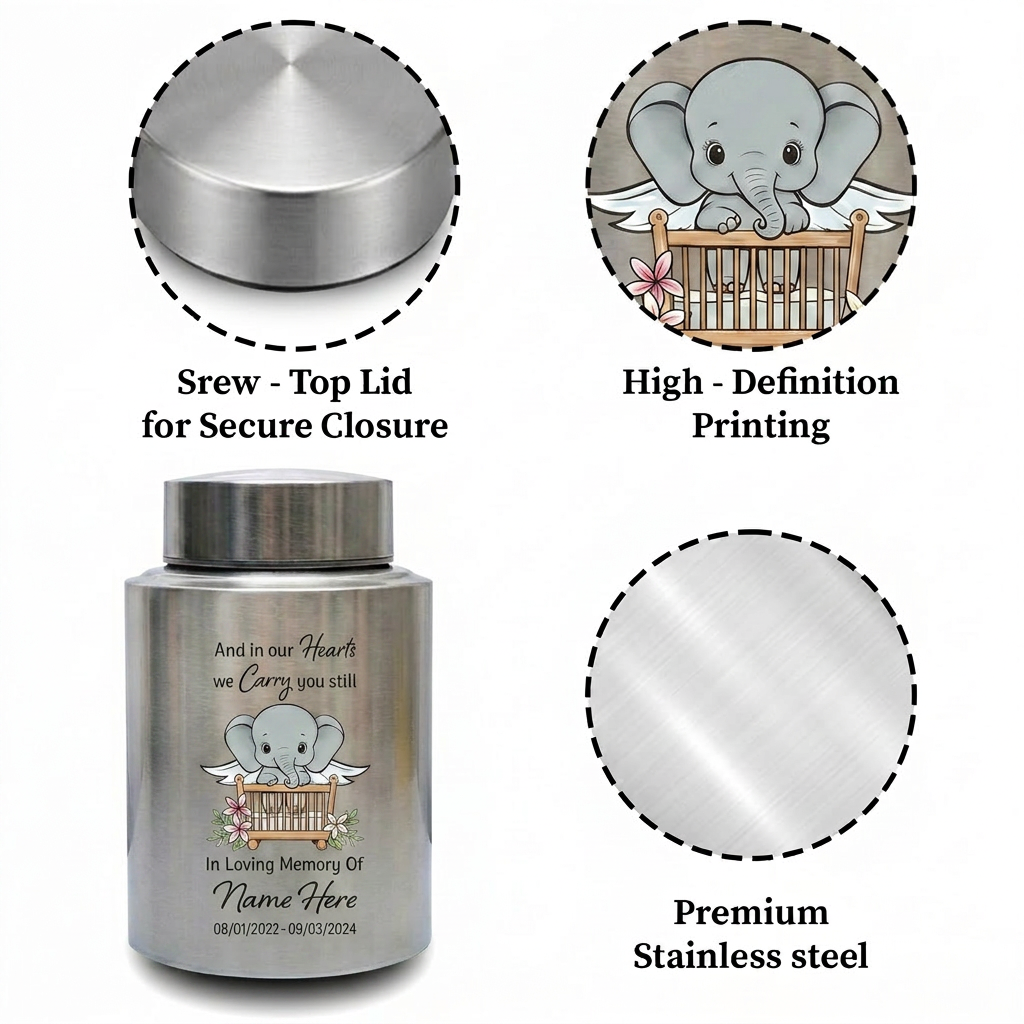 Personalized Baby Elephant UV Printed Stainless Steel Urn For Infant Child Loss Bereavement, Silver Black Gold Red Display, Memorial Keepsake Urn, Memorial Gift, In Loving Memory - Image 3