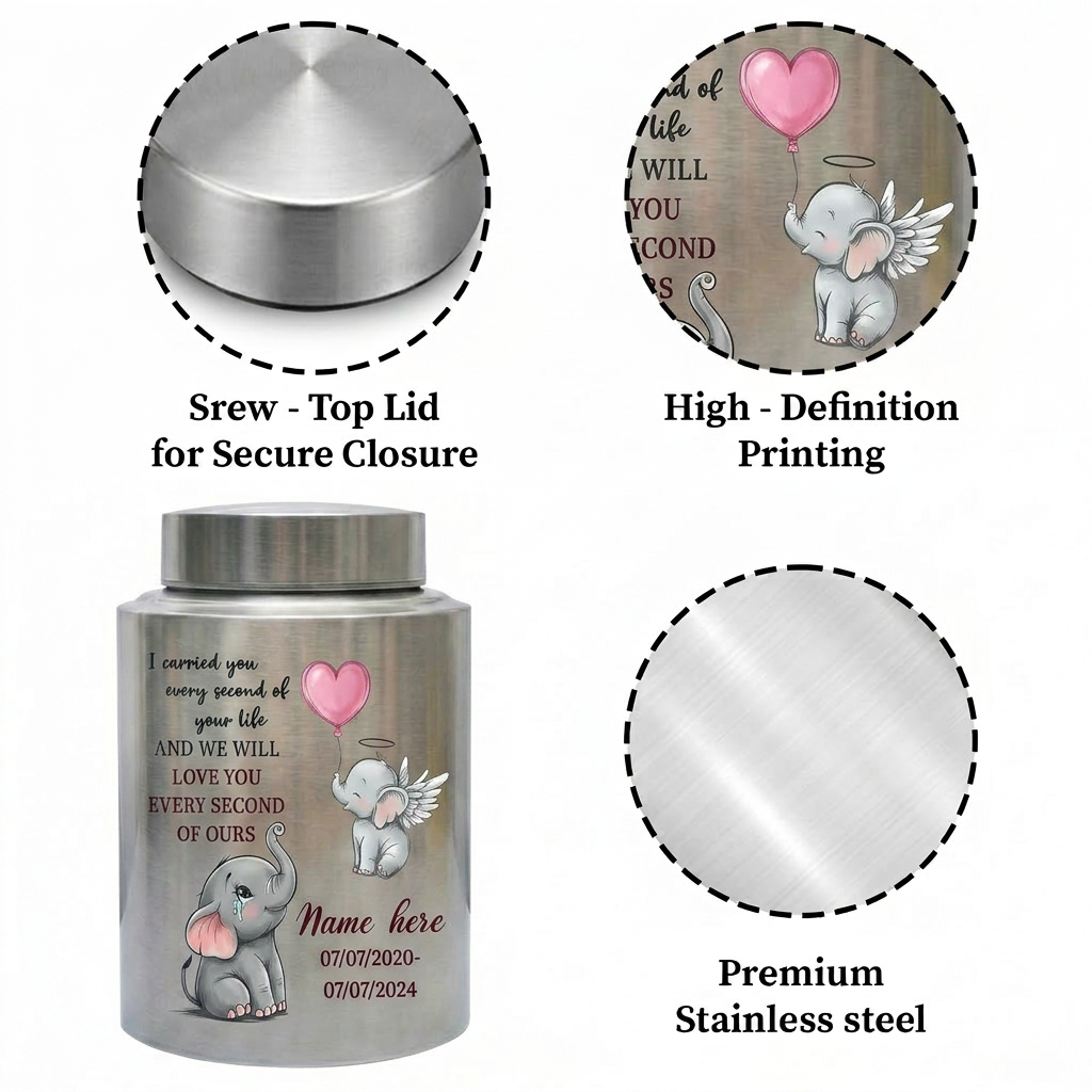 Personalized Baby Elephant Stainless Steel UV Printed Urn for Infant Child Boy Girl Loss, Bereaved Parents Grief Support, Memorial Keepsake Urn, Memorial Gift, In Loving Memory - Image 3