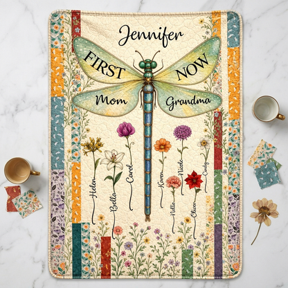 Personalized Dragonfly Birth Flower Fleece Blanket for Mom Grandma, First Now Family Gift - Image 3