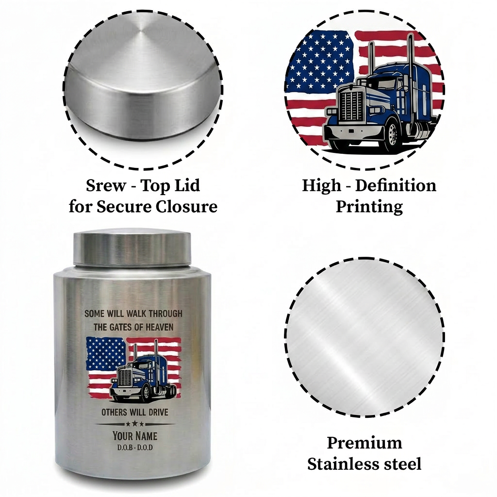 Personalized Semi Truck Angel Wings Stainless Steel Cremation Urn for Truck Driver Dad Male, 2 Sizes, Funeral Bereavement Tribute, Memorial Keepsake Urn, Memorial Gift, In Loving Memory - Image 3