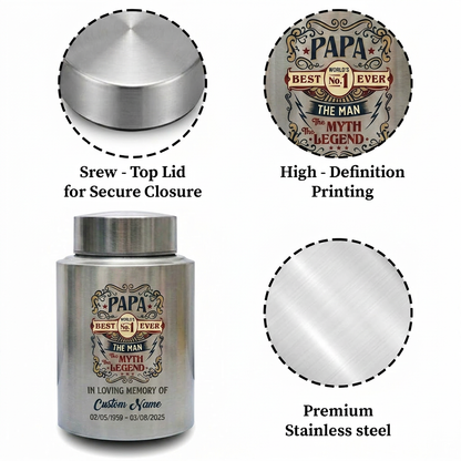 Personalized Best Papa Ever The Man Myth Legend Stainless Steel Cremation Ash Holder For Father Grandfather Bereavement Tribute Large Memorial Keepsake Urn, Memorial Gift, In Loving Memory - Image 3