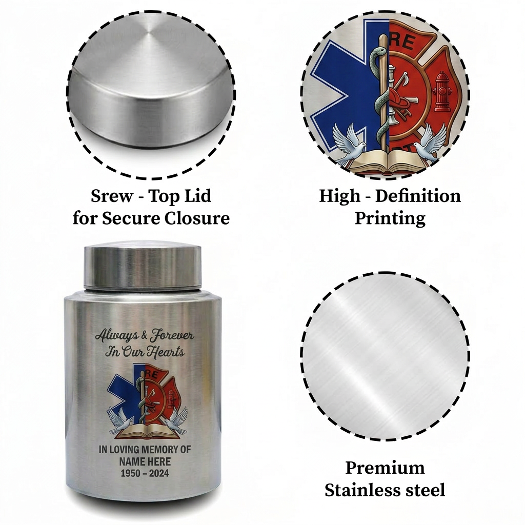 Personalized Firefighter Hero Stainless Steel Cremation Ash Vessel First Responder Sympathy Tribute Custom Name Dates Small Large Memorial Keepsake Urn, Memorial Gift, In Loving Memory - Image 3