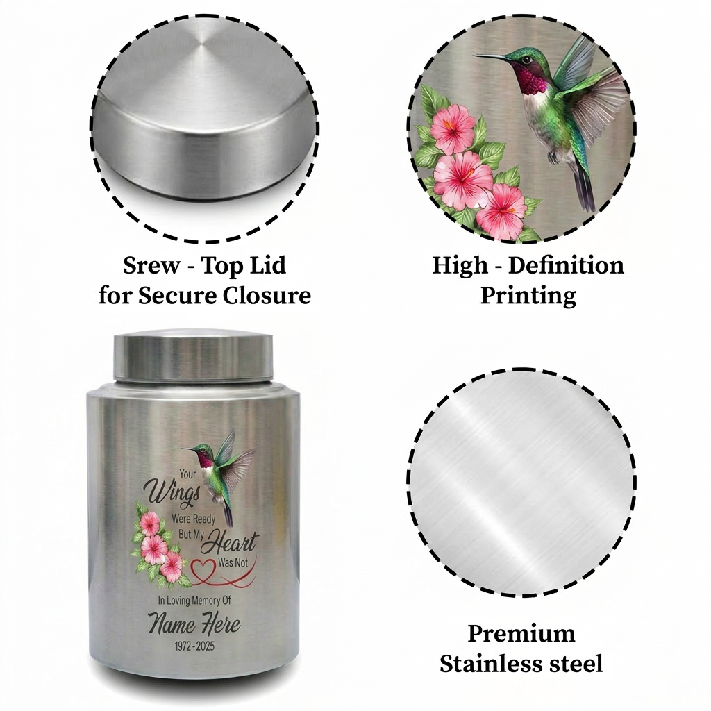 Personalized Hummingbird Stainless Steel Cremation Urn for Human Ashes, Your Wings Were Ready Bereavement Condolence Loss of Loved One Memorial Keepsake Urn, Memorial Gift, In Loving Memory - Image 3