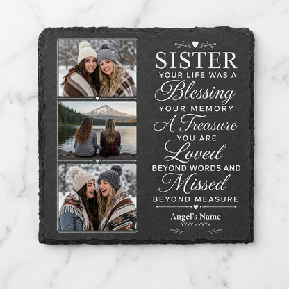 Personalized Sister Memorial Photo Slate Stone, Custom Remembrance Keepsake Gift - Image 3 | VNMGSREPR1-6IN-EHIEU_AI_0426 VNMGSREPR1-8IN-EHIEU_AI_0426