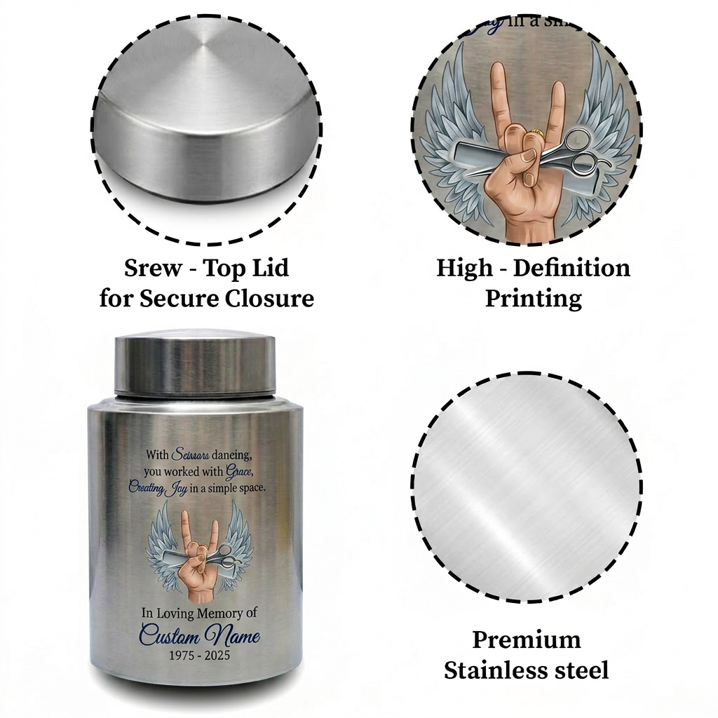Personalized Master Barber Hair Stylist UV Printed Stainless Steel Cremation Urn for Ashes Custom Name Date Hairdresser Colleague Memorial Keepsake Urn, Memorial Gift, In Loving Memory - Image 3