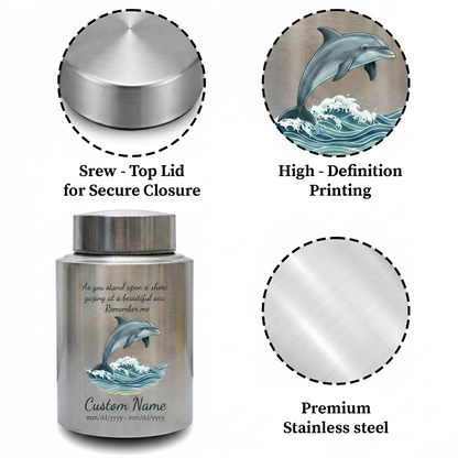 Personalized Dolphin Ocean Beach Themed UV Printed Metal Funeral Ash Container For Mom Dad Adult Male Female Large Cremation Memorial Keepsake Urn, Memorial Gift, In Loving Memory - Image 3