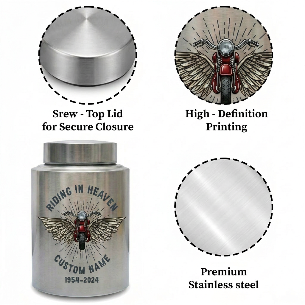 Personalized Motorcycle Cremation Urn Stainless Steel Riding In Heaven Biker Tribute for Dad Husband Two Sizes Black Gold Red Memorial Keepsake Urn, Memorial Gift, In Loving Memory - Image 3