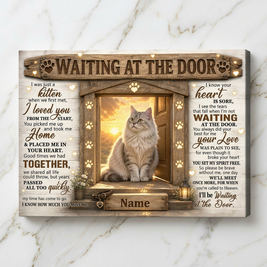 Personalized Cat Memorial Wall Canvas – Waiting at the Door Cat Loss Gift - Image 3