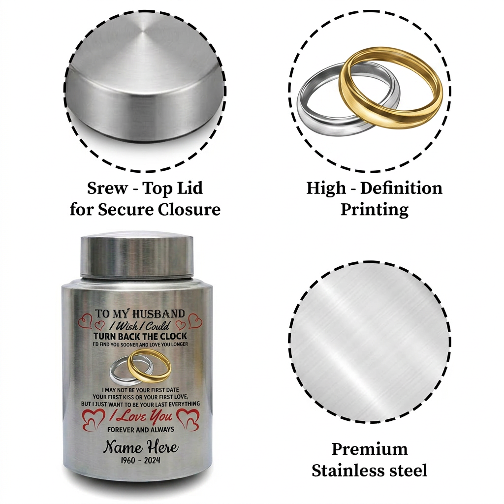 Personalized Interlocked Wedding Rings Couple In Heaven UV Printed Urn For Loss Of Husband Sympathy Bereavement Gifts For Widow Two Sizes Memorial Keepsake Urn, Memorial Gift, In Loving Memory - Image 3
