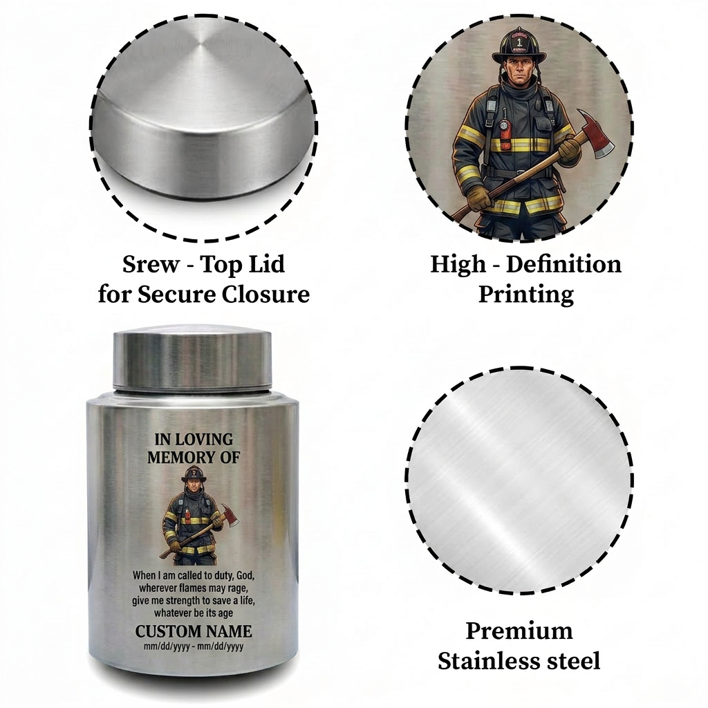 Personalized Firefighter Fireman Silhouette Stainless Steel Cremation Urn First Responder Tribute Adult Male Female Ashes Holder Silver Memorial Keepsake Urn, Memorial Gift, In Loving Memory - Image 3