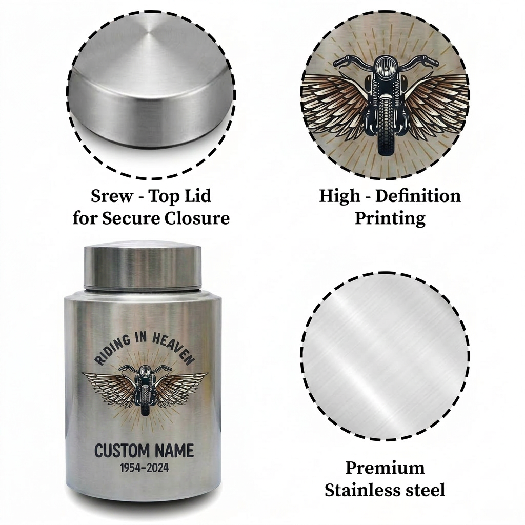 Personalized Motorcycle Cremation Urn Stainless Steel Riding In Heaven Biker Tribute for Dad Husband Two Sizes Black Gold Red Memorial Keepsake Urn, Memorial Gift, In Loving Memory - Image 3