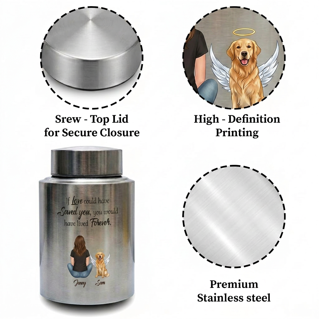 Personalized Woman and Dog Angel Silhouette Stainless Steel Pet Loss Urns for Ashes If Love Could Have Saved You Forever Quote Custom Names Memorial Keepsake Urn, Memorial Gift, In Loving Memory - Image 3