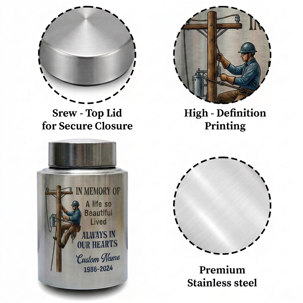 Personalized Lineman Electrician UV Printed Stainless Steel Funeral Urn for Dad Husband Adult Human Ashes Large Custom Decorative Memorial Keepsake Urn, Memorial Gift, In Loving Memory - Image 3