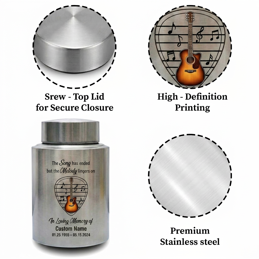 Personalized Adult Musician Theme UV Printed Metal Cremation Urn for Ashes, Music Lover Bereavement Ash Holder for Loss of Family Member, Memorial Keepsake Urn, Memorial Gift, In Loving Memory - Image 3