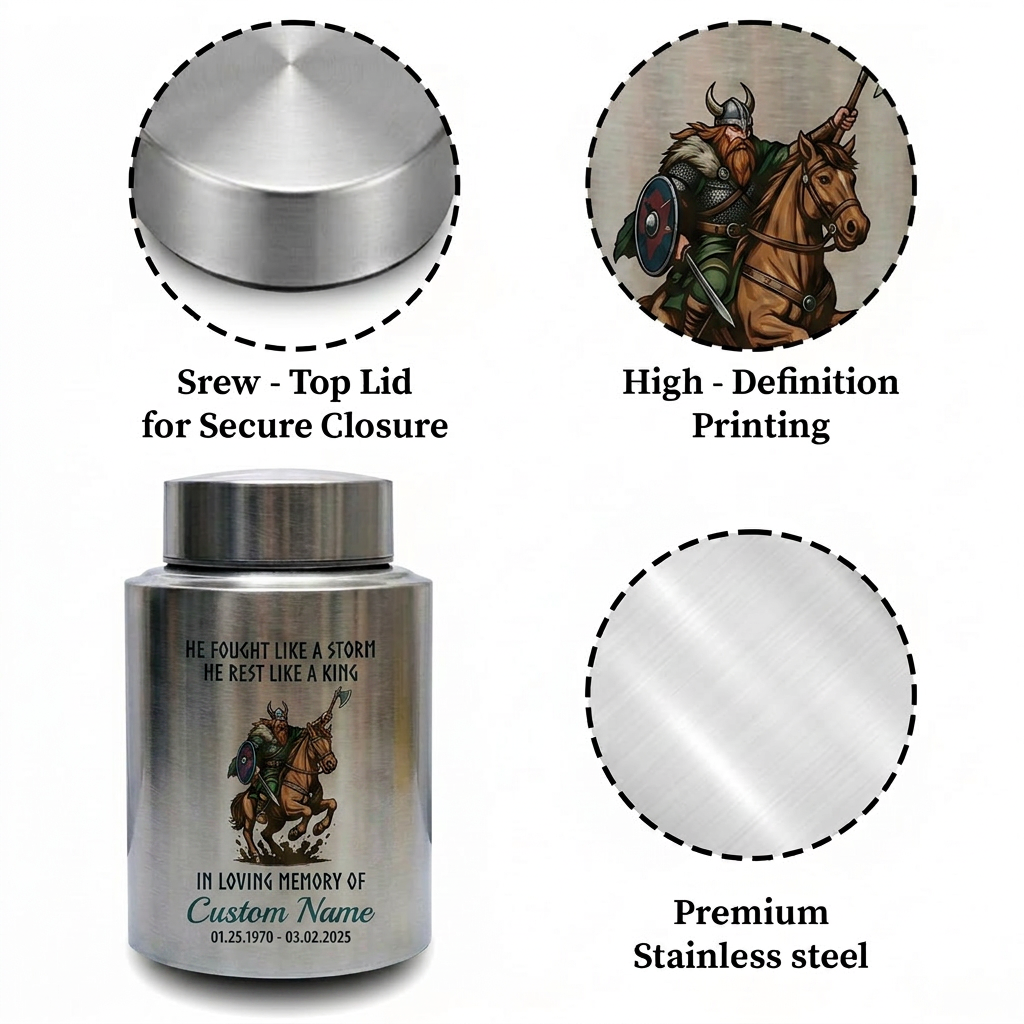 Personalized Valhalla Viking Nordic Runes UV Printed Stainless Steel Cremation Urn for Father Husband Veteran Ash Storage 5.9in & 7.5in Memorial Keepsake Urn, Memorial Gift, In Loving Memory - Image 3
