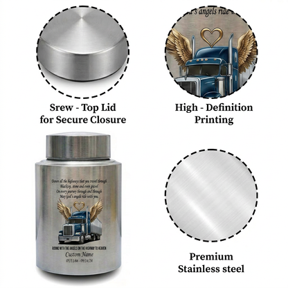 Personalized Semi Truck Angel Wings Large Stainless Steel Cremation Urn for Truck Driver Husband Father Grandfather Highway to Heaven UV Print Memorial Keepsake Urn, Memorial Gift, In Loving Memory - Image 3