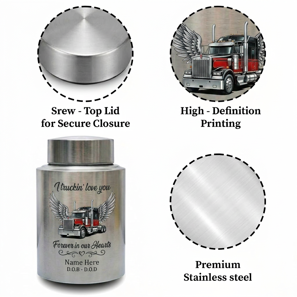Personalized Semi Truck Angel Wings Stainless Steel Cremation Urn for Human Ashes, Truck Driver Dad Husband Grandpa Funeral Sympathy Gift, Memorial Keepsake Urn, Memorial Gift, In Loving Memory - Image 3