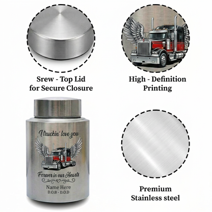 Personalized Semi Truck Angel Wings Stainless Steel Cremation Urn for Human Ashes, Truck Driver Dad Husband Grandpa Funeral Sympathy Gift, Memorial Keepsake Urn, Memorial Gift, In Loving Memory - Image 3