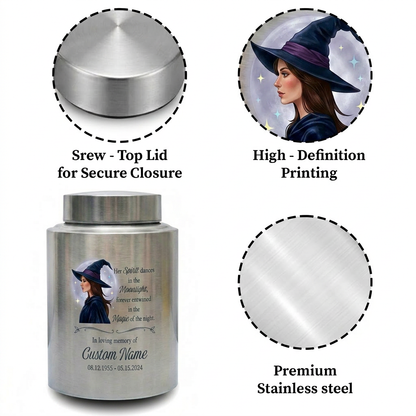 Personalized Witch Silhouette Magic Moonlight Stainless Steel UV Print Urn For Adult Female Wife Girlfriend Bereavement Funeral Memorial Keepsake Urn, Memorial Gift, In Loving Memory - Image 3
