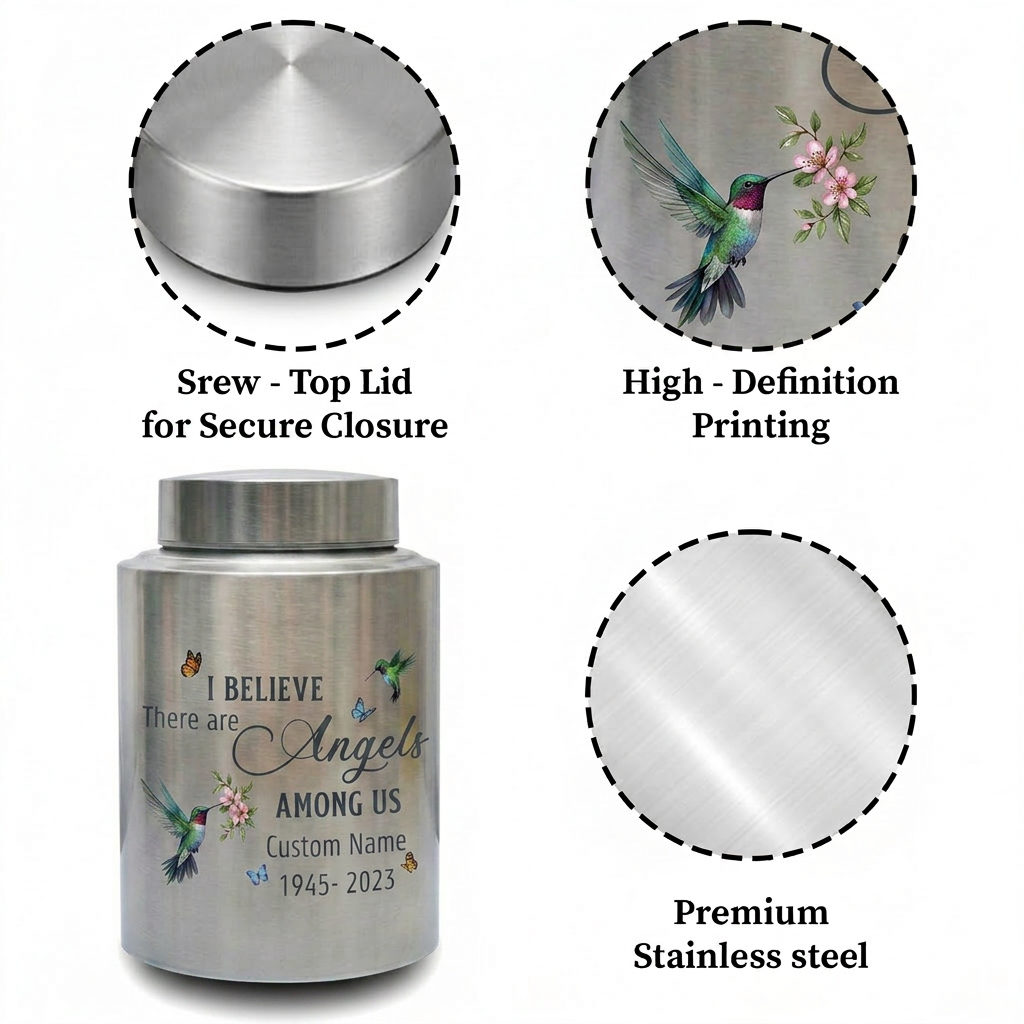 Personalized Hummingbird Angels Among Us Stainless Steel Cremation Urn for Human Ashes, Sympathy Bereavement Keepsake for Loss of Loved One, Memorial Keepsake Urn, Memorial Gift, In Loving Memory - Image 3