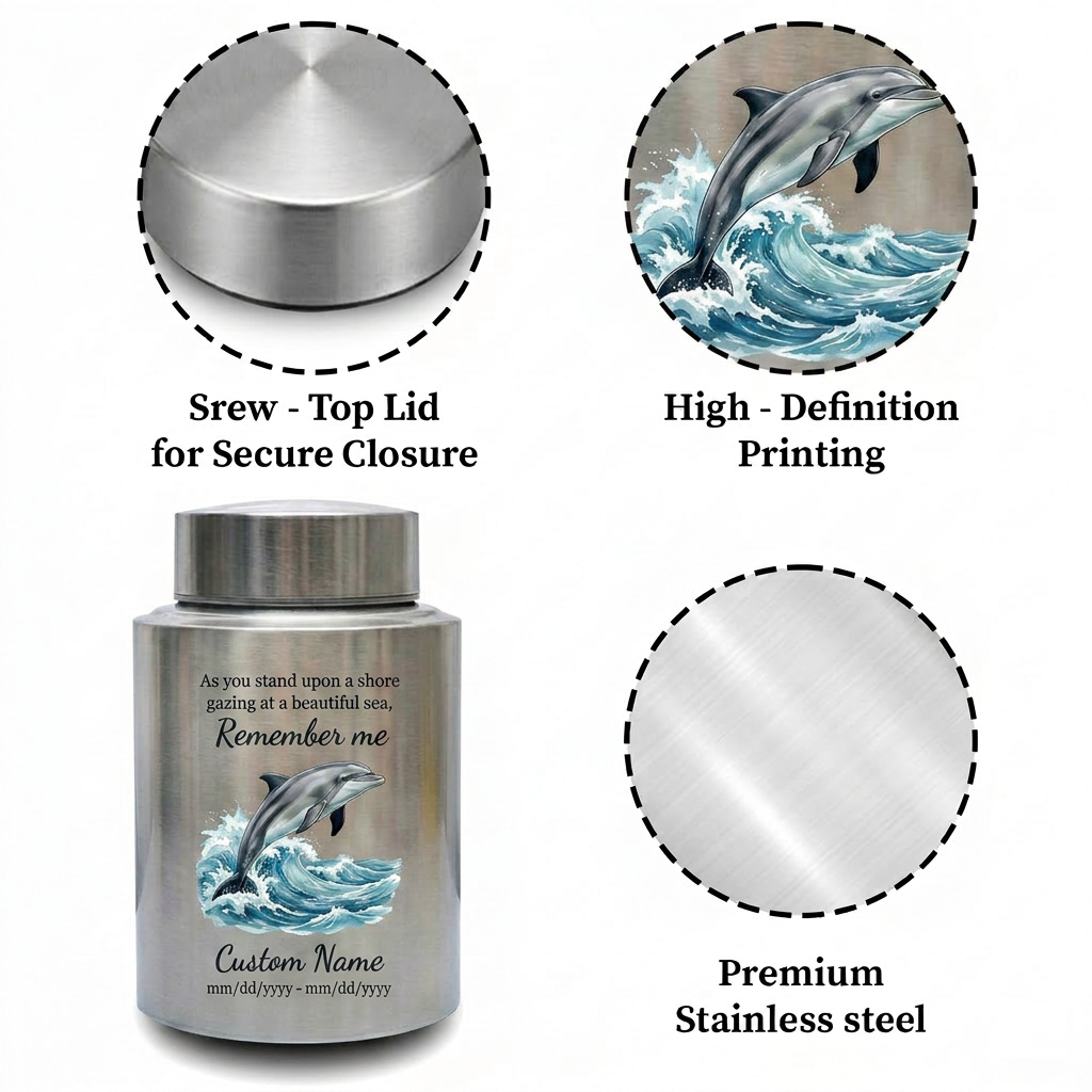 Personalized Dolphin Ocean Beach Themed UV Printed Metal Funeral Ash Container For Mom Dad Adult Male Female Large Cremation Memorial Keepsake Urn, Memorial Gift, In Loving Memory - Image 3