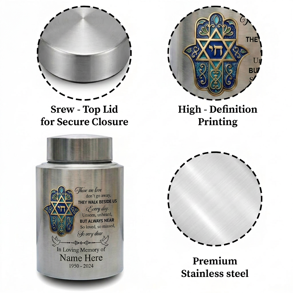 Personalized Jewish Star of David Hamsa Hand Chai Tree of Life Stainless Steel Bereavement Sympathy Silver Black Gold Red 2 Sizes Memorial Keepsake Urn, Memorial Gift, In Loving Memory - Image 3