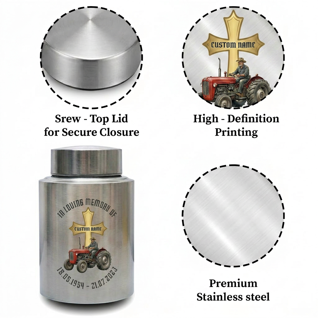 Personalized Farmer Tractor Gothic Cross Stainless Steel Urn for Human Ashes Loss of Father Grandfather Husband Decorative 5.9x3.9 7.5x5.1 Memorial Keepsake Urn, Memorial Gift, In Loving Memory - Image 3