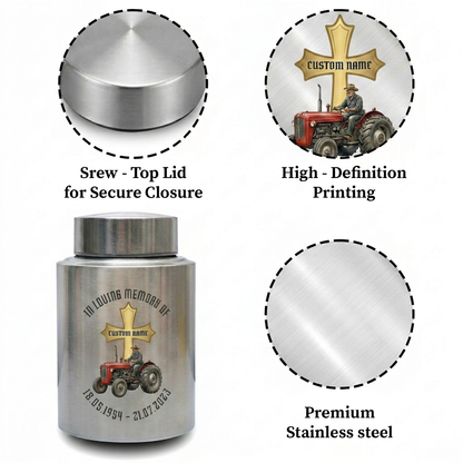 Personalized Farmer Tractor Gothic Cross Stainless Steel Urn for Human Ashes Loss of Father Grandfather Husband Decorative 5.9x3.9 7.5x5.1 Memorial Keepsake Urn, Memorial Gift, In Loving Memory - Image 3