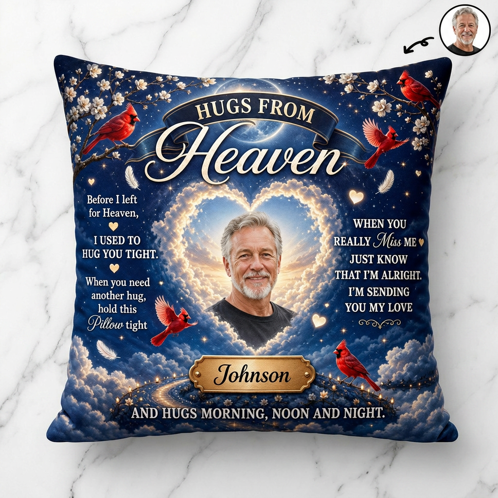 Personalized Hugs From Heaven Memorial Photo Pillow with Cardinal Birds - Sympathy Remembrance Gift - Image 3
