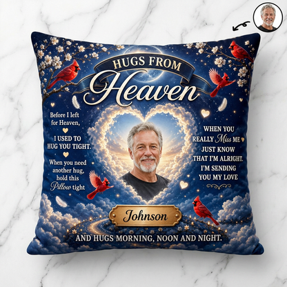 Personalized Hugs From Heaven Memorial Photo Pillow with Cardinal Birds - Sympathy Remembrance Gift - Image 3