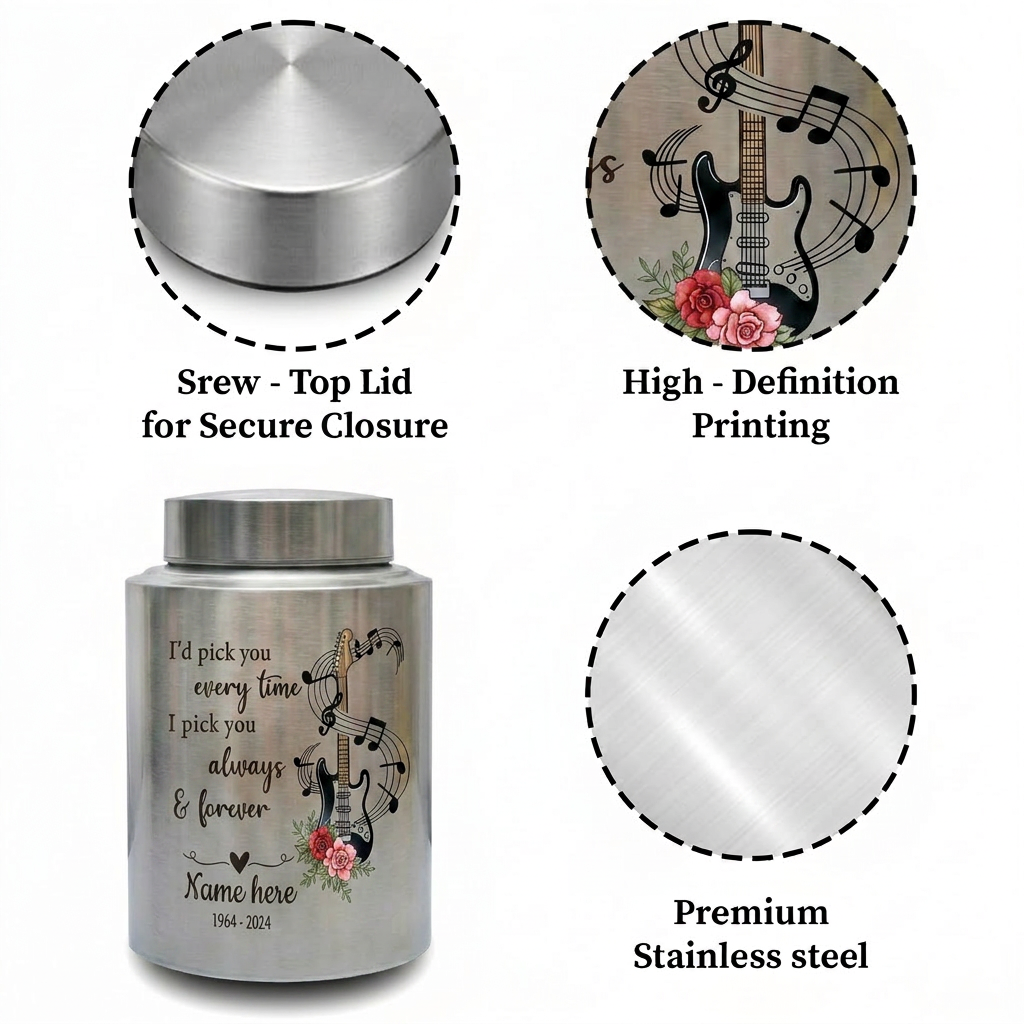 Personalized Guitar Stainless Steel Cremation Urn for Husband Wife Partner Music Lover Musician Loved One Large or Small Memorial Keepsake Urn, Memorial Gift, In Loving Memory - Image 3