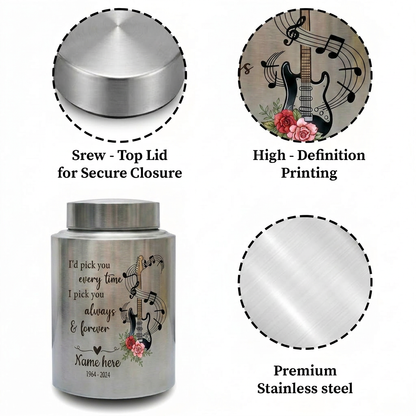 Personalized Guitar Stainless Steel Cremation Urn for Husband Wife Partner Music Lover Musician Loved One Large or Small Memorial Keepsake Urn, Memorial Gift, In Loving Memory - Image 3