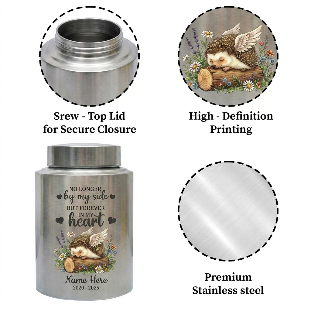 Personalized Hedgehog UV Printed Stainless Steel Urn for Human or Pet Ashes, Custom Bereavement Tribute in Silver Black Gold Red, Memorial Keepsake Urn, Memorial Gift, In Loving Memory - Image 3