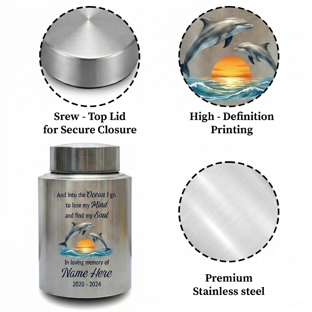 Personalized Dolphin Ocean Stainless Steel Cremation Urn for Adult Male Female Mom Dad, Large UV Print Decorative Funeral Ashes Container, Memorial Keepsake Urn, Memorial Gift, In Loving Memory - Image 3