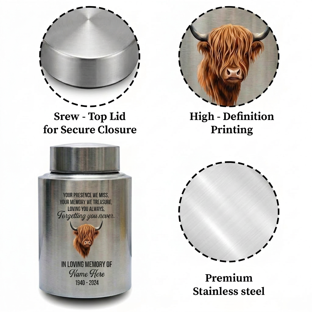 Personalized Highland Cow Stainless Steel Urn for Human Ashes, Sympathy Loss of Loved One Bereavement, Adult Ash Container 5.9in 7.5in, Memorial Keepsake Urn, Memorial Gift, In Loving Memory - Image 3