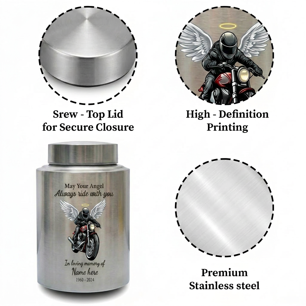 Personalized Motorcycle Riding in Heaven Stainless Steel Urn for Adult Male Dad Husband Biker Ashes, May Your Angel Always Ride With You, Memorial Keepsake Urn, Memorial Gift, In Loving Memory - Image 3
