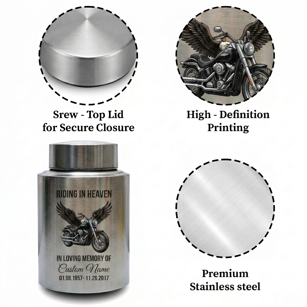 Personalized Motorcycle Riding in Heaven Stainless Steel Ash Holder for Adult Male Dad Biker Funeral Display Large Capacity Memorial Keepsake Urn, Memorial Gift, In Loving Memory - Image 3