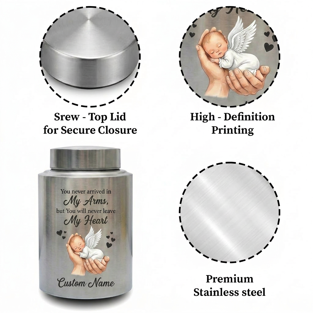 Personalized Baby in Hand Infant Loss Stainless Steel Large Cremation Urn for Boy Girl Stillborn Miscarriage Custom Name UV Printed Memorial Keepsake Urn, Memorial Gift, In Loving Memory - Image 3