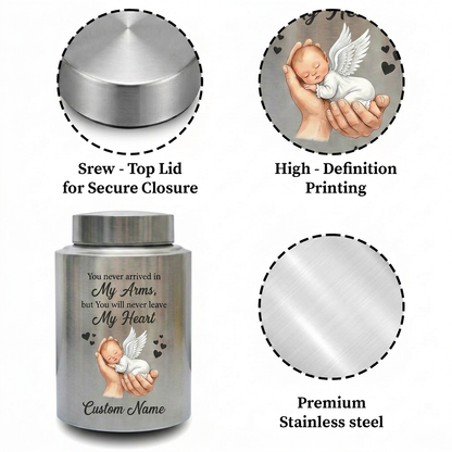 Personalized Baby in Hand Infant Loss Stainless Steel Large Cremation Urn for Boy Girl Stillborn Miscarriage Custom Name UV Printed Memorial Keepsake Urn, Memorial Gift, In Loving Memory - Image 3