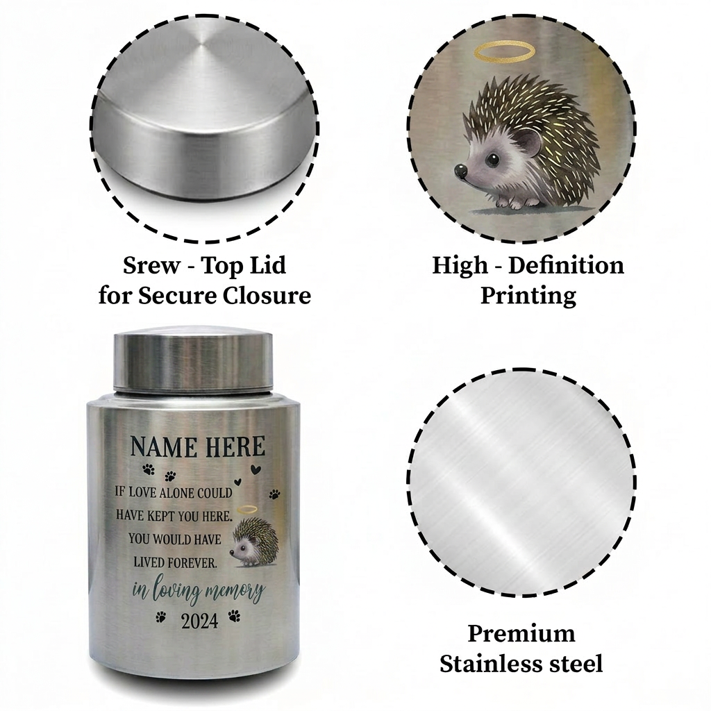 Personalized Hedgehog Pet Memorial Cremation Urn UV Printed Stainless Steel Dog Cat Loss Remembrance Sympathy Paw Print Halo Memorial Keepsake Urn, Memorial Gift, In Loving Memory - Image 3