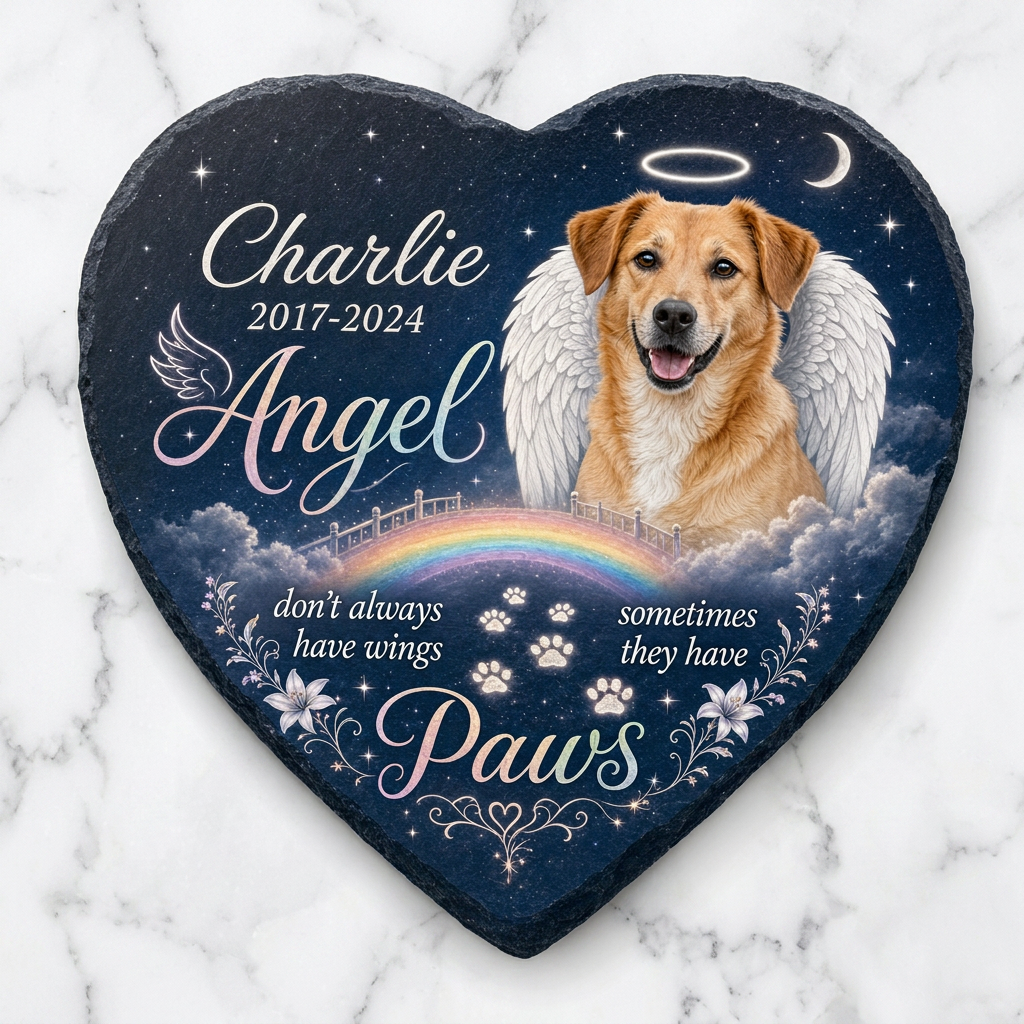Personalized Dog Memorial Garden Stone Heart Shaped Angel Paws Photo Gift - Image 3 | VNMGSREPR1-6IN-EHIEU_AI_0422 VNMGSREPR1-8IN-EHIEU_AI_0422