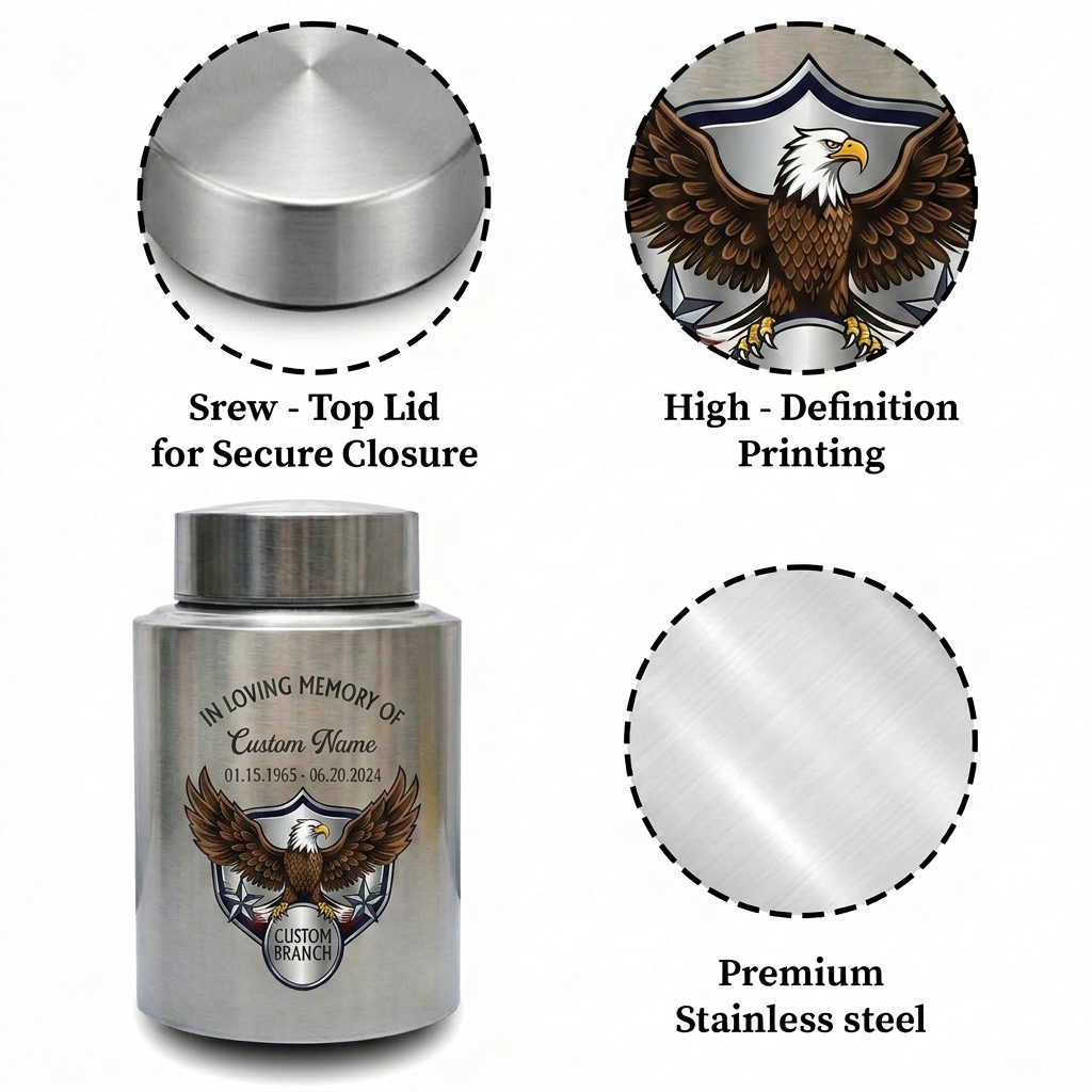 Personalized US Army Veteran Military Branch Stainless Steel Urn, Custom Soldier Tribute for Father Grandpa, 7.5x5.1 or 5.9x3.9, Memorial Keepsake Urn, Memorial Gift, In Loving Memory - Image 3