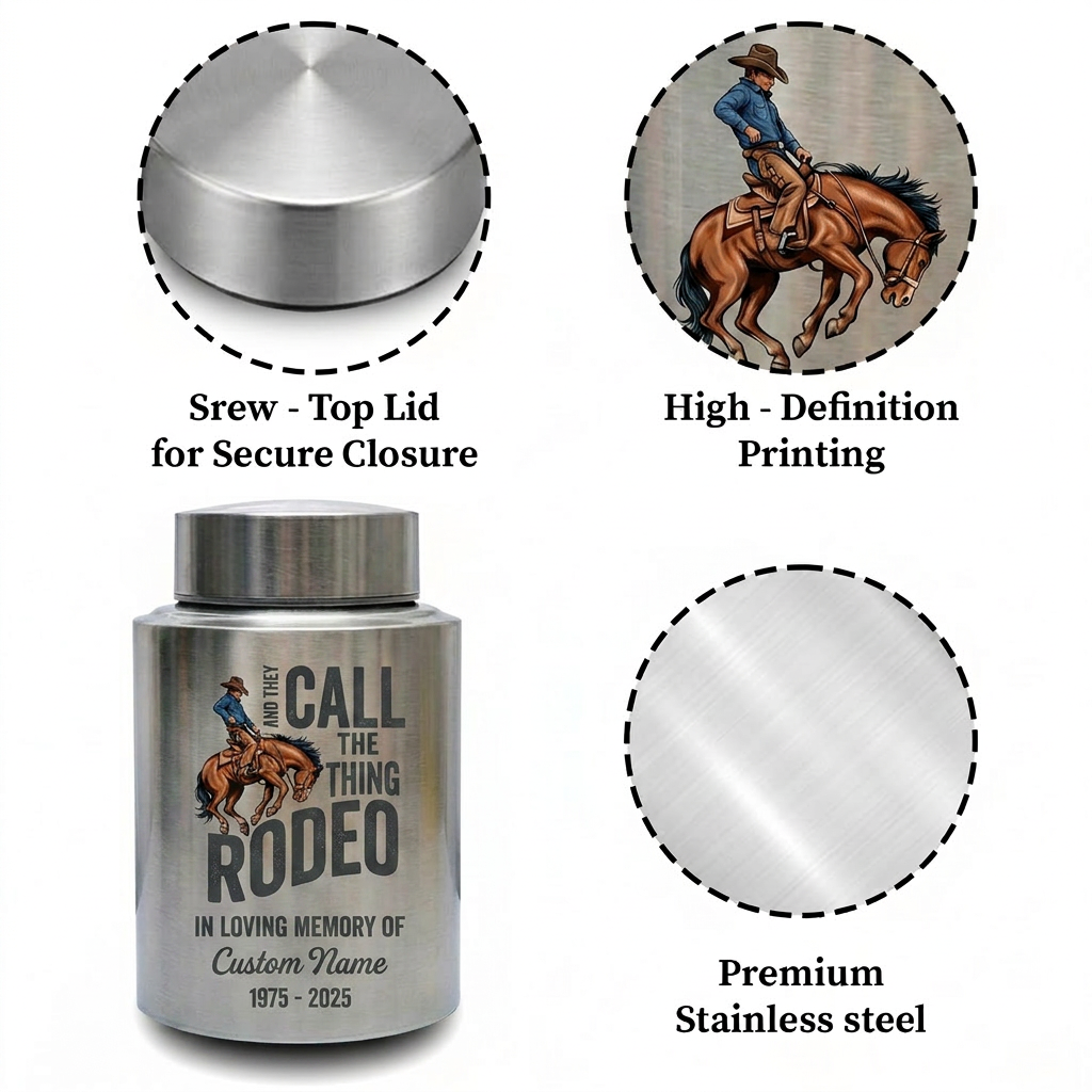 Personalized Western Cowboy Rodeo Bucking Bronco Stainless Steel Urn for Adult Human Ashes Father Husband Funeral Tribute Large Small Memorial Keepsake Urn, Memorial Gift, In Loving Memory - Image 3