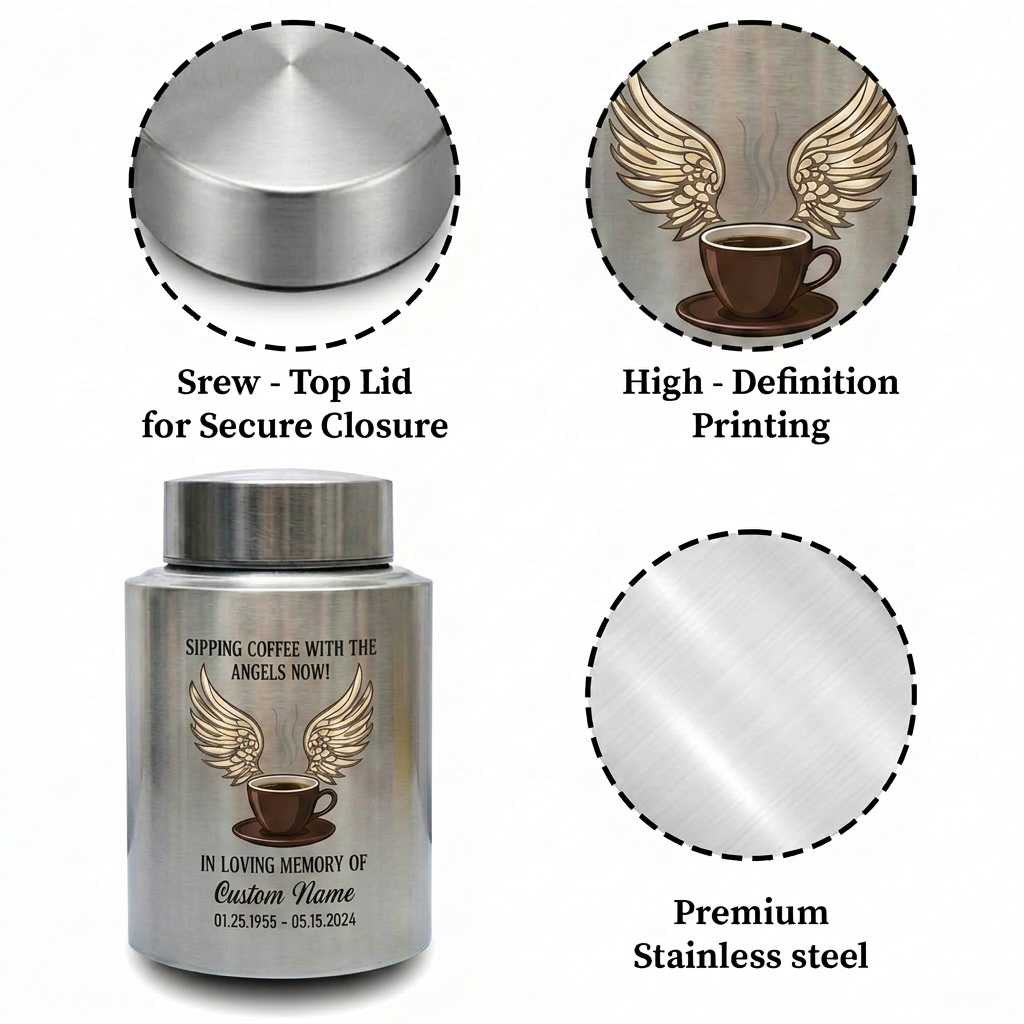 Personalized Coffee Theme Stainless Steel Cremation Urn for Ashes, Custom Name and Date Tribute for Coffee Lover, Large Size Options, Memorial Keepsake Urn, Memorial Gift, In Loving Memory - Image 3