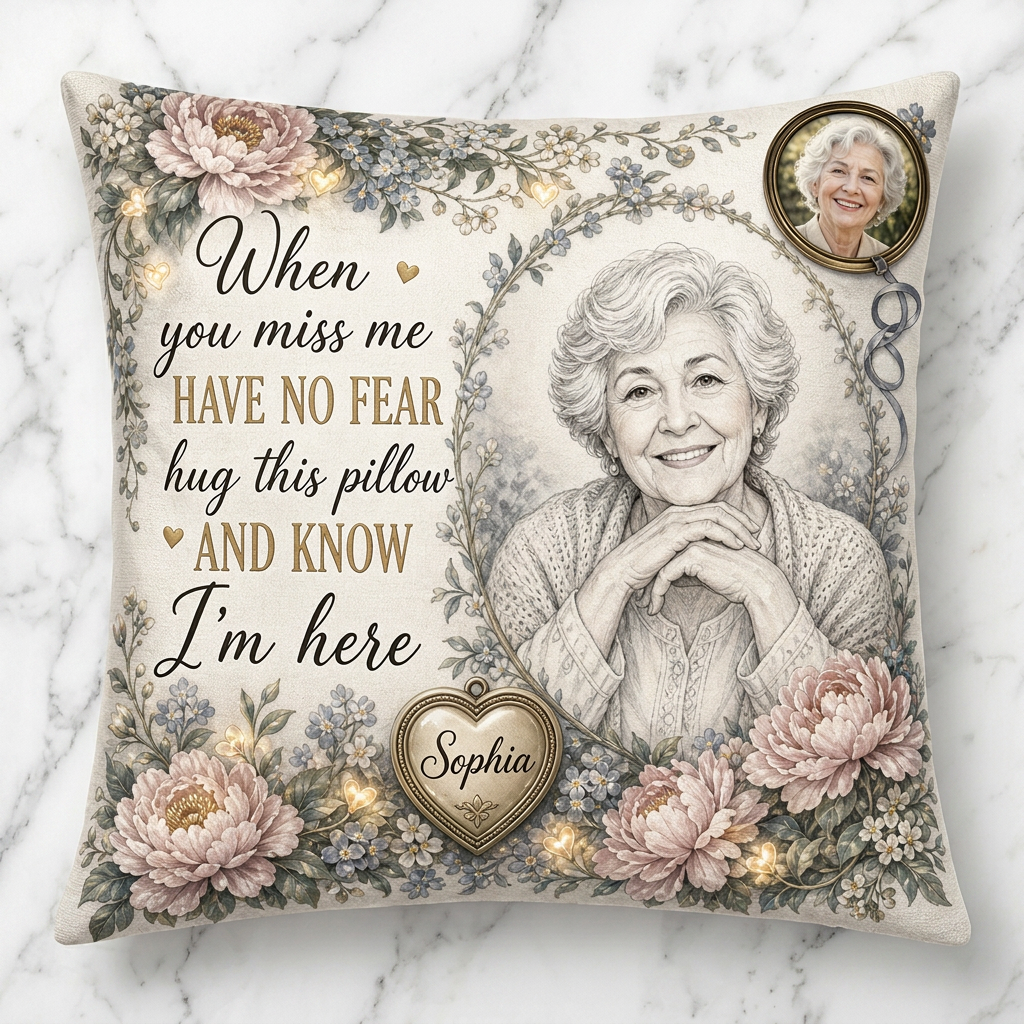 Personalized Memorial Photo Pencil Sketch Pillow, Have No Fear Hug This Pillow Sympathy Gift - Image 3