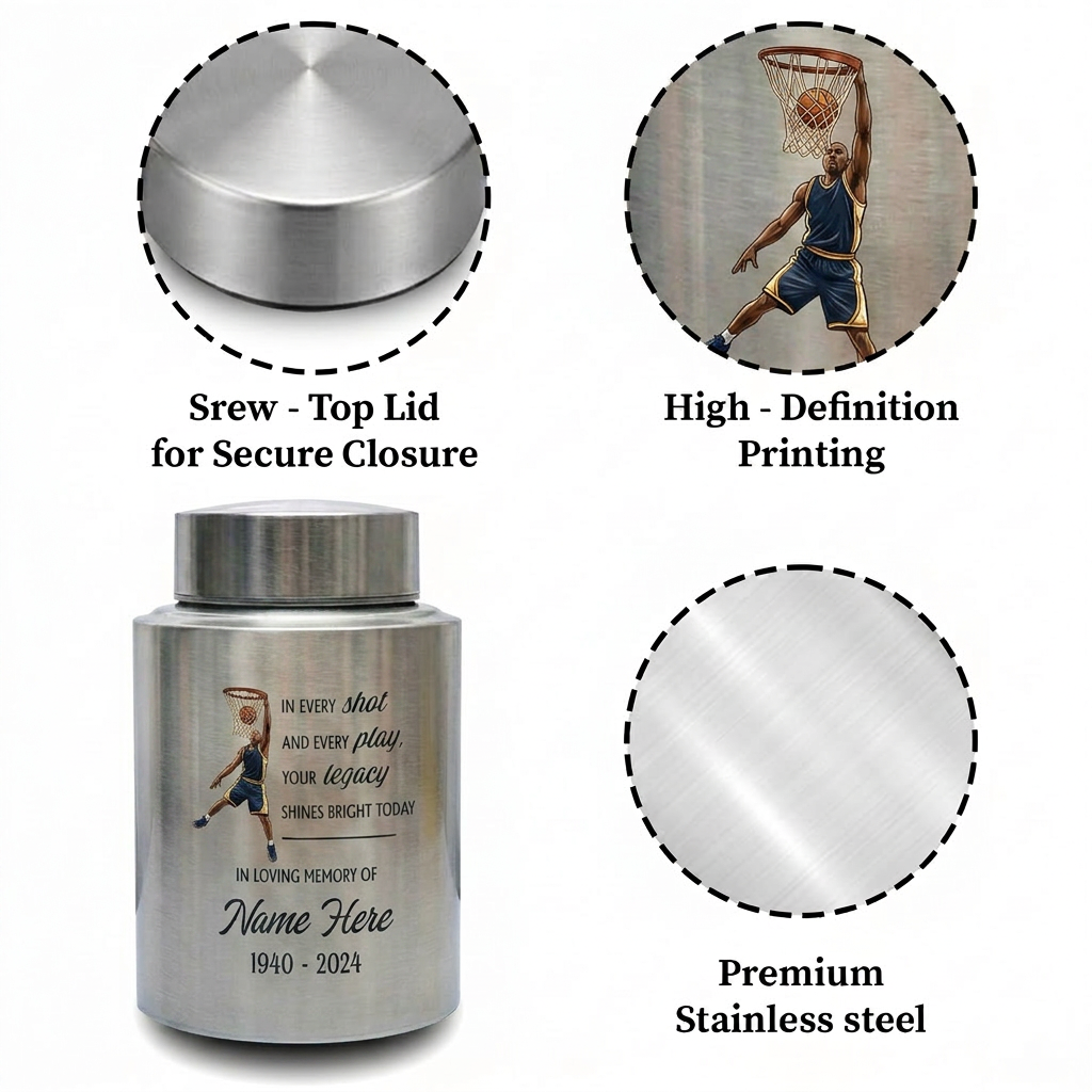 Personalized Basketball Stainless Steel Urn for Sports Fan Athlete Coach, Decorative Funeral Display Large Small Silver Black Gold Red Memorial Keepsake Urn, Memorial Gift, In Loving Memory - Image 3