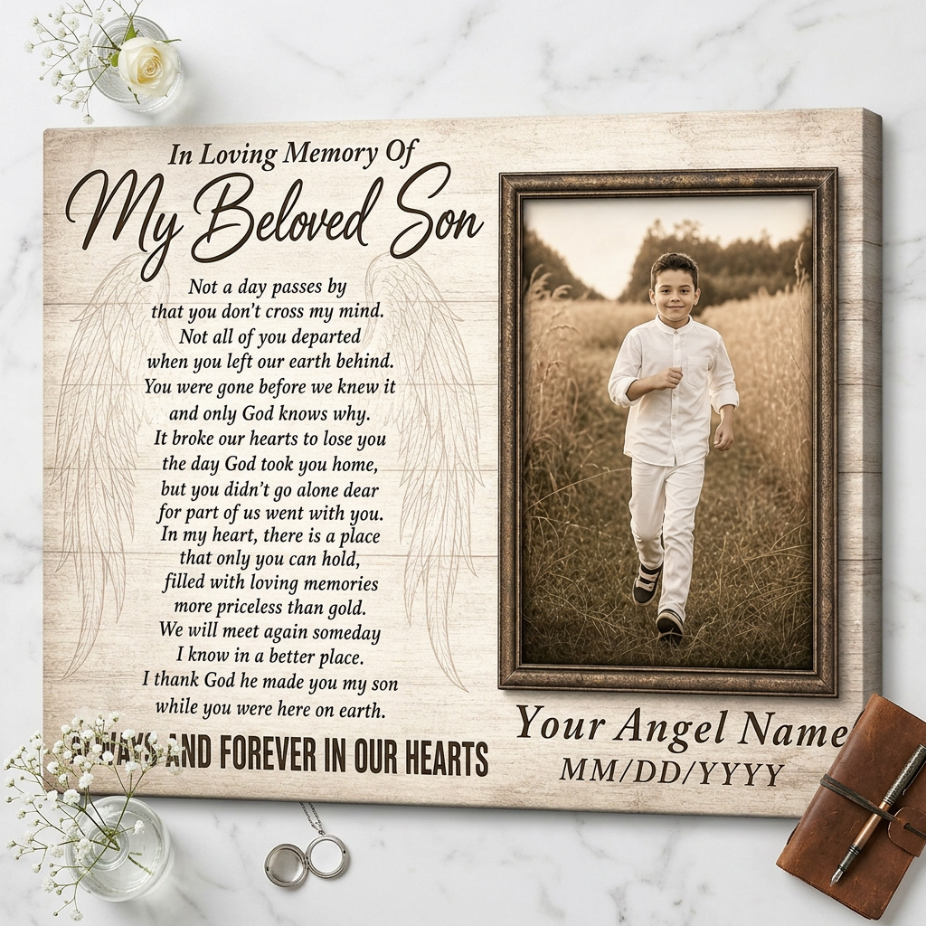 Personalized Memorial Wall Canvas For Loss Of Son, In Loving Memory Of Son Photo Remembrance Gift - Image 3