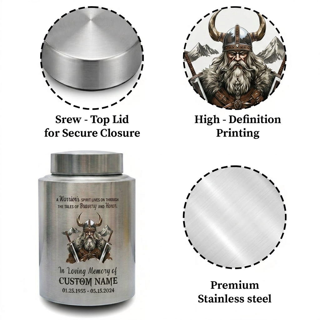Personalized Valhalla Viking Nordic Runes Stainless Steel Cremation Ash Container For Veteran Warrior Father Son Funeral Small Large Memorial Keepsake Urn, Memorial Gift, In Loving Memory - Image 3